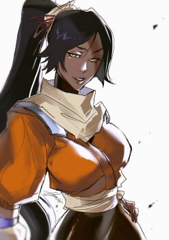 1girl artist_name bleach breasts dark-skinned_female dark_skin female_focus hair_ornament hand_on_own_hip highres itsalpha large_breasts lips long_hair parted_bangs parted_lips ponytail purple_hair shihouin_yoruichi simple_background upper_body white_background yellow_eyes