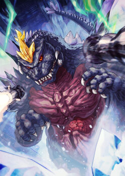 Rule 34 | alien, building, city, crest, crystal, crystal fortress, electricity, energy, epic, exhaust, fire, glowing, glowing eyes, godzilla (series), godzilla vs. spacegodzilla, gravity tornado, green electricity, highres, kaiju, military, missile, night, no humans, orange eyes, rocket drill, smoke, space monster, spacegodzilla, spiked tail, spiral grenade missile, tail, toho, tusks, yagi2013