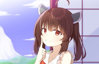 1girl ahoge blunt_bangs brown_hair chaakusu closed_mouth cloud cloudy_sky commentary_request contrast_collar dress finger_to_cheek frilled_dress frills fusuma headgear highres looking_at_viewer medium_hair mountain official_alternate_costume portrait red_dress red_eyes sailor_collar shade sky sleeveless sleeveless_dress sliding_doors smile solo touhoku_kiritan twintails voiceroid white_sailor_collar