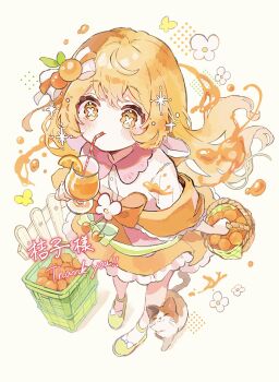 1girl basket blush bow closed_mouth collared_shirt commentary commission contrast_collar cup drinking drinking_glass drinking_straw food food-themed_hair_ornament frilled_skirt frills fruit full_body green_shoes hair_ornament highres holding holding_basket holding_cup juice long_hair orange_(fruit) orange_bow orange_hair orange_hair_ornament orange_juice orange_skirt original shirt shoes skeb_commission skirt solo standing symbol-only_commentary symbol-shaped_pupils white_shirt x-shaped_pupils zane290