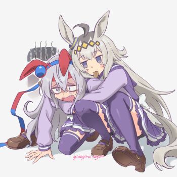 2girls ahoge animal_ears blue_eyes blue_hairband blush bow bowtie carrying commentary ear_covers ear_ornament english_commentary exhausted food food_in_mouth giragira_egao grey_hair grey_tail hair_between_eyes hair_ornament hairband headband horse_ears horse_girl horse_tail long_hair long_sleeves multicolored_hair multicolored_hairband multiple_girls oguri_cap_(umamusume) piggyback pleated_skirt purple_sailor_collar purple_serafuku purple_shirt purple_skirt purple_thighhighs red_headband sailor_collar sailor_shirt school_uniform serafuku shirt shoes skirt striped_clothes striped_hairband sweat tail tamamo_cross_(umamusume) thighhighs thighs tracen_school_uniform two-tone_hairband umamusume umamusume:_cinderella_gray white_bow white_bowtie