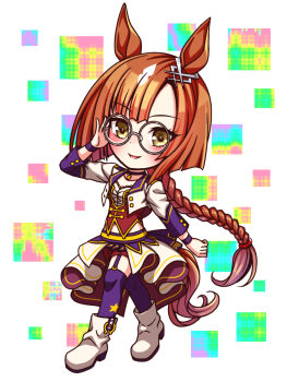 1girl animal_ears blush bodice boots braid breasts brown_hair chibi chibi_only choker commentary_request corset cropped_jacket ear_ornament full_body garter_straps glasses highres horse_ears horse_girl horse_tail ikuno_dictus_(umamusume) jacket long_hair long_sleeves looking_at_viewer midriff_peek multicolored_hair navel overskirt parted_lips pendant_choker purple_choker purple_garter_straps purple_thighhighs red_corset red_shorts round_eyewear shirt shorts small_breasts smile solo star_(symbol) starting_future_(umamusume) sugimotty_nova tail thighhighs twintails umamusume white_boots white_jacket white_shirt wristband