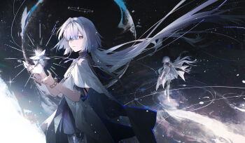 1girl absurdres cheonyeon-hi closed_mouth commentary dress grey_hair halo hands_up highres jacket long_hair mornye_(wuthering_waves) multiple_views purple_dress red_eyes see-through_body white_jacket wuthering_waves