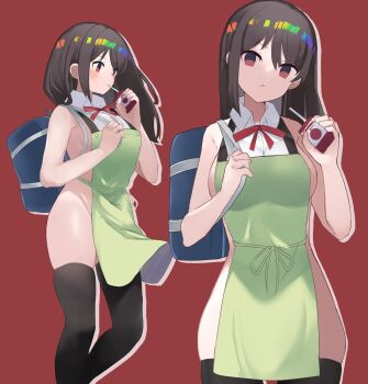1girl apron bag black_hair black_pantyhose blue_bag bottomless breasts button_gap collared_shirt commentary_request drink_carton frown green_apron highres holding holding_juice_box holding_strap juice_box large_breasts long_hair multiple_views naked_apron nearly_naked_apron neck_ribbon original pantyhose red_background red_eyes red_ribbon ribbon school_bag school_uniform shirt sideboob sideless_outfit sideless_shirt sidelocks soyo1558686 white_shirt