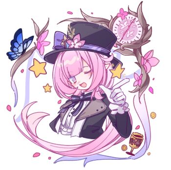 1girl ;o absurdres black_coat black_ribbon blue_eyes breasts bug butterfly clock coat cropped_torso cup elf elysia_(honkai_impact) gloves hat highres honkai_(series) honkai_impact_3rd insect long_hair looking_at_viewer medium_breasts one_eye_closed pink_hair pointy_ears purple_eyes ribbon shirt simple_background solo textless_version top_hat very_long_hair white_background white_gloves white_shirt yinanhuahua