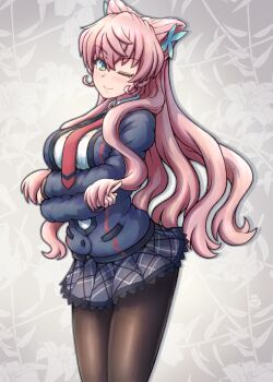 1girl alternate_costume black_serafuku blush breasts green_eyes hair_between_eyes hair_ornament highres large_breasts long_hair looking_at_viewer maria_cadenzavna_eve necktie pink_hair school_uniform senki_zesshou_symphogear serafuku skirt smile solo very_long_hair winter_uniform yakatsu