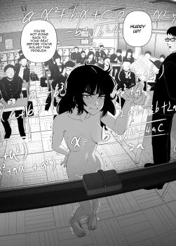 5girls 6+boys :d bag barefoot blush board_eraser breasts chair chalk classroom clothed_female_nude_female clothed_male_nude_female comic commentary completely_nude desk embarrassed english_commentary english_text frown gakuran glasses greyscale highres holding holding_chalk humiliation kusujinn long_hair md5_mismatch medium_breasts monochrome multiple_boys multiple_girls naked_school_attendance navel neck_ribbon nude open_mouth original paid_reward_available public_indecency public_nudity ribbon school_bag school_chair school_desk school_uniform sentenced_to_nudity sitting smile sweat toes trembling x-ray