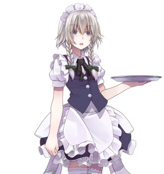 1girl apron black_ribbon blue_eyes blue_skirt blue_vest bow braid braided_sidelocks buttons collared_shirt commentary_request cowboy_shot crote frilled_apron frills green_bow grey_hair hair_between_eyes hair_bow hand_up highres holding holding_tray izayoi_sakuya large_variant_set layered_skirt maid_apron maid_headdress medium_skirt neck_ribbon open_mouth puffy_short_sleeves puffy_sleeves ribbon shirt short_hair short_sleeves skirt sleeve_cuffs solo standing tachi-e teeth thighhighs touhou transparent_background tray twin_braids upper_teeth_only variant_set vest white_apron white_headdress white_shirt white_thighhighs wide-eyed wing_collar