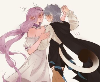 2girls animal_ears bare_shoulders black_cape braid cape castorice_(honkai:_star_rail) cat_ears cat_girl cat_tail cipher_(honkai:_star_rail) closed_eyes commentary dancing dress english_commentary esturieo grey_hair heart highres holding_hands honkai:_star_rail honkai_(series) interlocked_fingers long_hair looking_at_another multiple_girls off-shoulder_dress off_shoulder parted_lips pointy_ears purple_eyes purple_hair shirt simple_background spoken_heart tail twin_braids twintails white_dress white_shirt yellow_background yuri