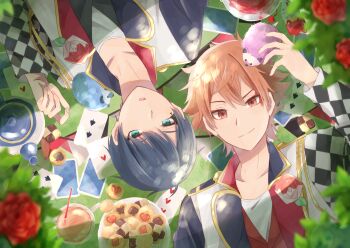 2boys absurdres ace_trappola animal blue_eyes card commentary_request cookie cup deuce_spade flower food grass hedgehog highres long_sleeves looking_at_viewer lying multiple_boys nkr_yunn on_back open_mouth red_eyes red_flower red_rose rose smile teacup teapot twisted_wonderland