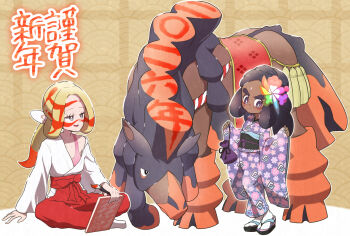 Rule 34 | 2girls, alternate costume, bag, black hair, black sash, blonde hair, blush, bra, bright pupils, closed mouth, collarbone, commentary request, eyelashes, facepaint, floral print, floral print kimono, flower, full body, fumirumochigashin, gen 7 pokemon, grey eyes, hair flower, hair ornament, hapu (pokemon), highres, holding, holding bag, holding paintbrush, japanese clothes, kimono, long hair, long sleeves, mina (pokemon), mudsdale, multiple girls, nintendo, obi, open mouth, outline, paint in hair, paintbrush, pink bra, pokemon, pokemon (creature), pokemon sun and moon, print kimono, purple bag, purple eyes, purple kimono, rainbow flower, rainbow flower (pokemon), sandals, sash, single off shoulder, sitting, smile, socks, standing, sweatdrop, thick eyebrows, translation request, underwear, white outline, white pupils, white socks