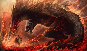 1boy absurdres arrow_(projectile) battle bayle_the_dread blood bone bow_(weapon) broken_wing cape curled_horns dragon dragon_horns drake_warrior_igon drawing_bow elden_ring elden_ring:_shadow_of_the_erdtree electricity electrokinesis exposed_bone flower giant giant_monster gloves glowing glowing_eyes hat highres holding holding_bow_(weapon) holding_weapon horns lightning multiple_horns open_mouth red_eyes red_lightning sharp_teeth tail teeth uchi_vs_the_world weapon western_dragon