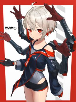 1girl absurdres ahoge akemiya_genma ass black_gloves black_shorts blue_sailor_collar blue_shirt blush border collarbone colored_inner_hair commentary cowboy_shot cropped_shirt double-parted_bangs extra_arms gloves grey_hair grey_one-piece_swimsuit hair_between_eyes highres long_sleeves looking_at_viewer mechanical_arms multicolored_hair necktie one-piece_swimsuit original outside_border pout red_border red_eyes red_gloves red_hair red_necktie sailor_collar science_fiction shirt short_hair short_necktie short_shorts shorts sidelocks simple_background solo standing swimsuit thighs two-tone_gloves white_background
