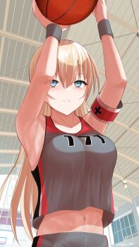 1girl absurdres alternate_costume armband armpits arms_up ball basketball basketball_(object) basketball_court basketball_uniform bismarck_(kancolle) blonde_hair blue_eyes breasts commentary_request cross dangan_kurabu from_below grey_shorts grey_tank_top highres holding holding_ball indoors iron_cross kantai_collection long_hair midriff_peek navel playing_sports shorts solo sportswear tank_top upper_body wristband