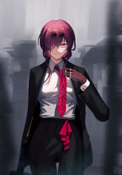 1girl absurdres adjusting_clothes adjusting_necktie black_pants blurry blurry_background collared_shirt cowboy_shot gloves gun highres honkai:_star_rail honkai_(series) k0ushou kafka_(honkai:_star_rail) looking_at_viewer mafia necktie one_eye_covered orange_eyes pants partially_shaded_face pinstripe_jacket pinstripe_pattern purple_gloves purple_hair red_necktie shirt solo submachine_gun sunglasses thompson_submachine_gun weapon white_shirt