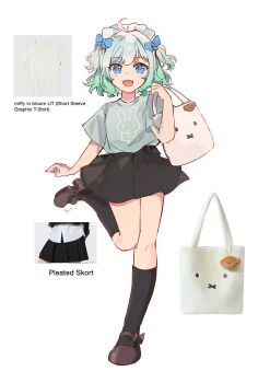 Rule 34 | 1girl, :d, absurdres, ahoge, alternate costume, aqua hair, aqua shirt, bag, black skirt, black socks, blue eyes, blush, brown shoes, character bag, character print, commentary, densetsu.exe, english commentary, english text, fang, gradient hair, green hair, handbag, highres, kneehighs, looking at viewer, maid headdress, mary janes, miffy (character), miniskirt, mint fantome, miya (ikanyaide), multicolored hair, open mouth, pleated skirt, reference inset, shirt, shoes, short hair, simple background, skin fang, skirt, smile, socks, solo, standing, standing on one leg, triangular headpiece, two side up, virtual youtuber, walking towards viewer, wavy hair, white background, white hair