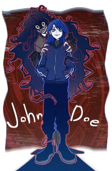1boy 1girl artist_self-insert black_hair black_jacket black_shirt blue_eyes blue_hair blue_jacket blue_lips character_name crazy_grin curly_hair dilated_pupils fingernails full_body glitch hands_in_pockets highres jacket jacket_partially_removed john_doe_(visual_novel) john_doe_(visual_novel)_(character) kana_(kanaice) long_fingernails long_hair looking_at_viewer outline partially_shaded_face prehensile_hair red_outline shirt standing striped_clothes turtleneck very_long_hair