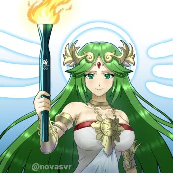 1girl ancient_greek_clothes armlet artist_name bare_shoulders blue_halo breasts chain chiton circlet cleavage collarbone commentary copyright_logo dress english_commentary forehead_jewel gold_chain greco-roman_clothes green_eyes green_hair halo highres holding holding_torch jewelry kid_icarus kid_icarus_uprising large_breasts logo long_hair neck_ring nintendo novasvr olympics palutena parted_bangs pendant smile solo torch upper_body vambraces very_long_hair white_dress