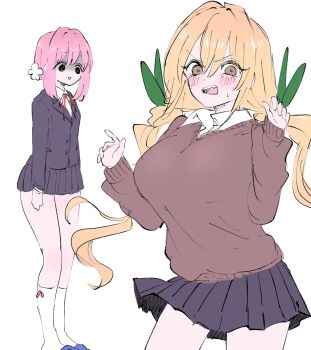 Rule 34 | 2girls, alternate breast size, alternate breast size (larger), alternate breast size (smaller), bare legs, black jacket, black skirt, blonde hair, blush, breast expansion, breast reduction, breast size switch, breasts, brown eyes, commentary, fang, flat chest, flower, green ribbon, hair between eyes, hair flower, hair ornament, hair ribbon, hanazono hakari, highres, inda karane, jacket, kimi no koto ga dai dai dai dai daisuki na 100-nin no kanojo, kneehighs, kuchiha chiru3, large breasts, long hair, long sleeves, looking at viewer, low twintails, medium hair, miniskirt, multiple girls, neck ribbon, ohananomitsu high school uniform, open mouth, pink hair, pleated skirt, red ribbon, ribbon, school uniform, shaded face, shirt, simple background, skirt, socks, squiggle eyes, twintails, v-shaped eyebrows, very long hair, white background, white shirt, white socks, wing collar