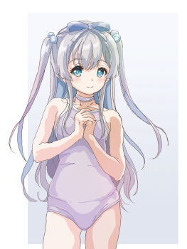 breasts character_request choker collarbone competition_school_swimsuit copyright_request grey_background grey_hair hair_bobbles hair_ornament hal-py long_hair looking_at_viewer one-piece_swimsuit school_swimsuit small_breasts swimsuit twintails white_background white_one-piece_swimsuit