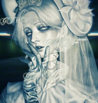 bone cervical_spine dress elbow_gloves flower gloves hair_flower hair_ornament hand_on_own_face hat highres lips longwandb looking_at_viewer open_mouth short_hair solo solo_focus white_dress white_eyes white_flower white_gloves white_hair white_hat