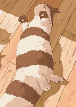 aomon_(yuuji7604) brown_fur commentary fluffy furret gen_2_pokemon highres indoors nintendo no_humans on_floor pawpads pokemon pokemon_(creature) rolling shadow solo striped_fur two-tone_fur upside-down white_fur wooden_floor