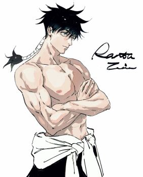 1boy black_hair commentary eulbhitomi grey_eyes highres jujutsu_kaisen male_focus medium_hair nipples pectorals ponytail simple_background solo solo_focus toned toned_male topless_male upper_body white_background zen'in_ranta