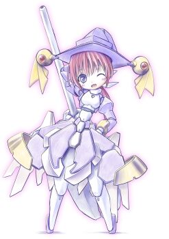 1girl absurdres broom dress full_body hat highres keisuke_arai long_hair looking_at_viewer mecha_musume one_eye_closed open_mouth original pink_hair ponytail purple_eyes solo standing witch witch_hat