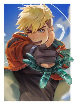 1boy black_hair black_shirt blonde_hair blue_sky border cloud coat commentary english_commentary falling_feathers feathers gloves highres kookirani male_focus multicolored_hair one_eye_closed open_mouth outstretched_arms partially_fingerless_gloves prosthesis prosthetic_arm red_coat shirt single_glove sky smile solo trigun trigun_stampede two-sided_coat two-sided_fabric two-tone_hair unzipped vash_the_stampede white_border