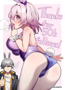>:) 1boy 1girl :> =_= absurdres animal_ears ass black_coat blush breasts caelus_(honkai:_star_rail) coat commentary english_commentary fake_animal_ears grey_hair heta highres honkai:_star_rail honkai_(series) kemonomimi_mode large_breasts leotard march_7th_(honkai:_star_rail) milestone_celebration multicolored_eyes open_mouth pantyhose pink_hair playboy_bunny purple_leotard rabbit_boy rabbit_ears shirt smile thumbs_up trailblazer_(honkai:_star_rail) twitter_username two-tone_eyes v-shaped_eyebrows white_pantyhose white_shirt wrist_cuffs