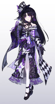 1girl absurdres ahoge awa_subaru black_gloves black_hair black_hat black_shoes blush chinese_commentary commentary_request cosplay floral_print full_body girls_band_cry gloves gradient_background hair_ornament hand_on_own_chest hat highres housho_margo housho_margo_(cosplay) japanese_clothes kimono long_hair mahou_shoujo_no_majo_saiban off_shoulder open_mouth parted_bangs purple_eyes purple_kimono shoes simple_background solo white_background yun_cao_bing