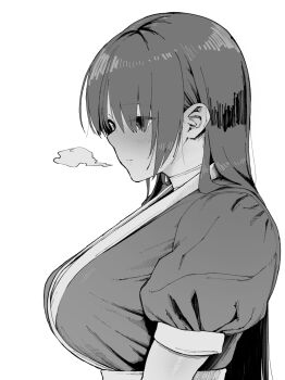 1girl aburisamon breasts dead_or_alive from_side highres kasumi_(doa) large_breasts long_hair monochrome short_sleeves
