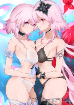2girls absurdres black_bra black_choker blue_eyes bra breast_press breasts chark14 choker commentary english_commentary evernight_(honkai:_star_rail) gradient_eyes highres holding_hands honkai:_star_rail honkai_(series) long_hair looking_at_viewer march_7th_(honkai:_star_rail) medium_breasts medium_hair multicolored_eyes multiple_girls parted_lips pink_eyes pink_hair red_eyes symmetrical_docking underwear underwear_only white_bra yuri