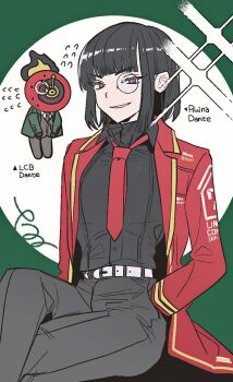 Rule 34 | 1girl, 1other, black hair, black pants, black shirt, bob cut, coat, collared shirt, commentary request, cosplay, dante (library of ruina), dante (limbus company), dante (limbus company) (cosplay), grin, highres, lapels, library of ruina, limbus company, looking at viewer, monocle, name connection, necktie, notched lapels, pants, project moon, red coat, red eyes, red necktie, seven association south uniform, shirt, short hair, smile, sparkle, tama launcher, yellow trim