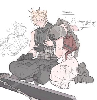 Rule 34 | 1boy, 1girl, aerith gainsborough, arm belt, armor, baggy pants, belt, black gloves, black pants, blonde hair, blush, boots, braid, braided ponytail, brown belt, brown boots, brown hair, buster sword, closed eyes, closed mouth, cloud strife, couple, cropped jacket, dress, english text, final fantasy, final fantasy vii, final fantasy vii remake, gloves, hair ribbon, hetero, highres, holding hands, hug, hug from behind, indian style, jacket, long dress, long hair, mmmckayyy, multiple belts, pants, parted bangs, pauldrons, pink dress, pink ribbon, red jacket, ribbed shirt, ribbon, shirt, short hair, short sleeves, shoulder armor, sidelocks, sigh, single bare shoulder, single braid, single pauldron, sitting, sleeping, sleeveless, sleeveless turtleneck, smile, speech bubble, spiked hair, suspenders, turtleneck, white background, zzz