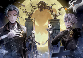 5boys azul_ashengrotto black_crown crown diamond_hairband formal_clothes glorious_masquerade_(twisted_wonderland) jack_skellington jacket jade_leech long_sleeves looking_at_viewer lost_in_the_book_with_tim_burton&#039;s_the_nightmare_before_christmas male_focus missing_tooth moon multiple_boys pinstripe_pattern pinstripe_suit pinstripe_vest round_eyewear scary_monsters!_(twisted_wonderland) short_hair skeleton_print skully_j._graves smile stage_in_playful_land striped_clothes striped_vest suit sunglasses supino the_nightmare_before_christmas twisted_wonderland vertical-striped_clothes vertical-striped_vest vest white_hair zero_(nbc)