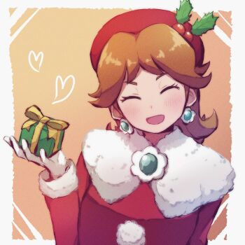 1girl brown_hair christmas dress earrings flipped_hair flower_earrings fur-trimmed_dress fur_trim gift gloves hat heart highres holding holding_gift jewelry long_sleeves mario_(series) mario_kart mario_kart_tour medium_hair missou_shiro nintendo official_alternate_costume open_mouth parted_bangs princess_daisy princess_daisy_(holiday_cheer) red_dress red_hat santa_costume santa_dress smile solo white_gloves