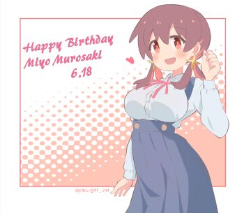 1girl :d arm_at_side artist_name black_skirt blush border breasts brown_hair button_gap character_name commentary dated english_text hair_between_eyes hand_up happy_birthday heart highres large_breasts long_hair long_sleeves looking_at_viewer low_twintails multicolored_hair murosaki_miyo neck_ribbon onii-chan_wa_oshimai! open_mouth outside_border pleated_skirt pon_sugar red_eyes red_hair red_ribbon ribbon shirt simple_background skirt smile solo suspender_skirt suspenders twintails twitter_username two-tone_hair underbust white_border white_shirt wing_collar
