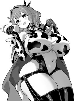 1girl animal_ears animal_print azur_lane azur_lane:_slow_ahead baby_bottle bell black_thighhighs bottle breasts collar commentary_request cow_ears cow_horns cow_print cowbell cowpens_(azur_lane) curvy drill_hair fake_animal_ears fake_horns greyscale hands_up highres holding holding_collar hori_(hori_no_su) horns huge_breasts medium_hair midriff mole mole_under_eye monochrome navel neck_bell open_mouth plump simple_background solo thighhighs white_background