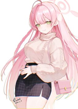 1girl absurdres ahoge black_skirt blue_archive blush bow braid breasts casual chromatic_aberration closed_mouth dated encheru_(th-sto) gradient_hair green_eyes hair_bow halo hanako_(blue_archive) highres large_breasts long_hair long_sleeves looking_at_viewer multicolored_hair pink_bag pink_hair pink_halo side_slit signature simple_background skirt smile solo sweater thighs white_background white_bow white_sweater