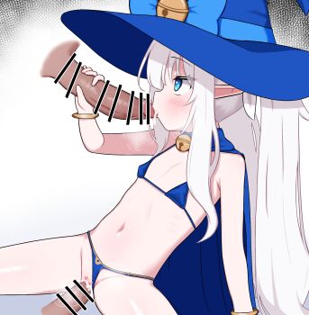 1girl 2boys arm_support bar_censor bare_arms bell bikini bikini_bottom_aside blue_bikini blue_cape blue_eyes blue_hat bow bracelet cape censored clothing_aside commentary_request covered_erect_nipples cowboy_shot cum cum_in_mouth cum_in_pussy disembodied_penis dungeon_and_fighter fellatio female_mage_(dungeon_and_fighter) flat_chest from_side glansjob gold_bracelet grey_background group_sex handjob hat hat_bell hat_bow heart heart_censor hetero highres jewelry just_the_tip korean_commentary leaning_back loli long_hair looking_ahead looking_at_another micro_bikini mmf_threesome multicolored_background multiple_boys navel neck_bell oral partial_commentary penis pointy_ears profile ribs sex sidelocks simple_background sitting spread_legs stomach straight_hair swimsuit thighhighs threesome twintails upturned_eyes vaginal vignetting white_background white_hair witch_hat zing_(z_z_zing)