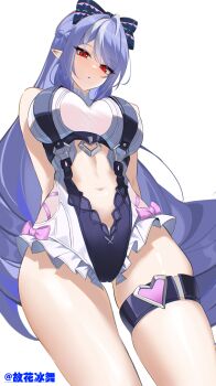 1girl absurdres arms_behind_back bare_shoulders black_bow blush bow breasts clothing_cutout commentary_request cowboy_shot drill_hair frilled_one-piece_swimsuit frills guhuabingwu hair_bow half-closed_eyes heart_cutout highres large_breasts long_hair navel no_mole official_alternate_costume one-piece_swimsuit open_mouth pink_bow pointy_ears purple_hair red_eyes see-through_clothes simple_background solo stomach_cutout swimsuit thigh_strap twitter_username two-tone_one-piece_swimsuit vivian_banshee vivian_banshee_(iris_of_the_shore) white_background white_one-piece_swimsuit zenless_zone_zero