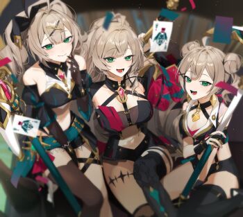 3girls breasts brown_hair cleavage criss-cross_halter crop_top cynical_sneer_(elsword) double_bun elbow_gloves elsword feet_out_of_frame floating_card gloves green_eyes hair_bun halterneck highres holding holding_staff knee_up laebim_c large_breasts lithia_beryl_(elsword) long_hair medium_breasts multiple_girls multiple_persona n.e.k.o n.e.k.o_(the_four_seasons_of_farewells) open_mouth partially_fingerless_gloves ponytail short_shorts shorts single_thighhigh sitting staff suspender_shorts suspenders thigh_strap thighhighs twintails ushio wariza yoichi_yukimura