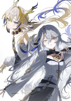 Rule 34 | 2girls, aqua eyes, arknights, artist name, bare shoulders, blonde hair, blue hair, bracelet, character request, dragon girl, dragon horns, dx3 gorani, earrings, eyeliner, highres, horns, jacket, jacket partially removed, jewelry, looking at viewer, makeup, multicolored hair, multiple girls, off shoulder, orange eyeliner, orange pupils, pointy ears, shirt, shu (arknights), strapless, strapless shirt, tube top, white background, white hair, white jacket, white tube top