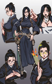 Rule 34 | 1girl, alternate hairstyle, black hair, blue robe, bowing, breasts, burning, burning paper, cleavage, collar, commentary request, earrings, expressionless, glasses, gradient background, grey background, hands on own hips, highres, jewelry, long hair, mole, mole on breast, mole under mouth, multiple expressions, multiple views, original, pointing, robe, scared, simple background, single earring, smile, solo, taoist robe, wide hips, yuritiaraha