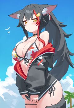 1girl :/ absurdres animal_ear_fluff animal_ears bikini bikini_under_clothes black_hair black_jacket blue_sky blush breasts cleavage closed_mouth commentary_request deaver fox_ears front-tie_bikini_top front-tie_top hair_intakes highres hololive hood hooded_jacket jacket large_breasts leaf_print long_hair looking_at_viewer maple_leaf_print multicolored_hair navel official_alternate_costume official_alternate_hairstyle ookami_mio ookami_mio_(hololive_summer_2019) partially_unzipped ponytail print_bikini red_hair sky solo streaked_hair swimsuit tail tail_around_own_leg tail_wrap thigh_strap tree very_long_hair virtual_youtuber wolf_ears wolf_girl wolf_tail yellow_eyes