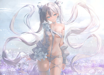 Rule 34 | 1girl, blue eyes, breasts, choker, flower, grey hair, hatsune miku, highres, kayjae, long hair, looking at viewer, navel, o-ring, revealing clothes, see-through clothes, see-through sleeves, single thighhigh, small breasts, solo, thighhighs, twintails, very long hair, vocaloid, white choker, white flower, white thighhighs