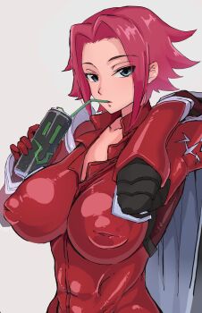 1girl absurdres blue_eyes breasts clamp code_geass drinking_straw highres kouzuki_kallen large_breasts large_nipples muscular muscular_female red_hair shirabe_shiki short_hair white_background