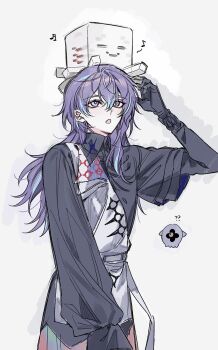 1boy :o ? ?? beamed_sixteenth_notes black_gloves black_shirt blue_hair collared_shirt commentary_request cowboy_shot creature_on_head eighth_note ghast gloves grey_eyes hair_between_eyes hand_up happy_ghast highres hoshirube_sho hoshirube_sho_(1st_costume) korean_commentary long_hair long_sleeves looking_up male_focus minecraft multicolored_hair mummeo_p musical_note nijisanji on_head open_mouth otomo_(hoshirube_sho) purple_hair shirt simple_background solo standing streaked_hair vest virtual_youtuber white_background white_vest wing_collar