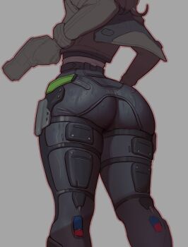 Rule 34 | 1girl, absurdres, ass, ass focus, black pants, clozzy01, commentary, english commentary, from behind, grey background, gun, high-waist pants, highres, holding, holding gun, holding weapon, jacket, lower body, pants, solo, tight clothes, tight pants, weapon, zenless zone zero, zhu yuan